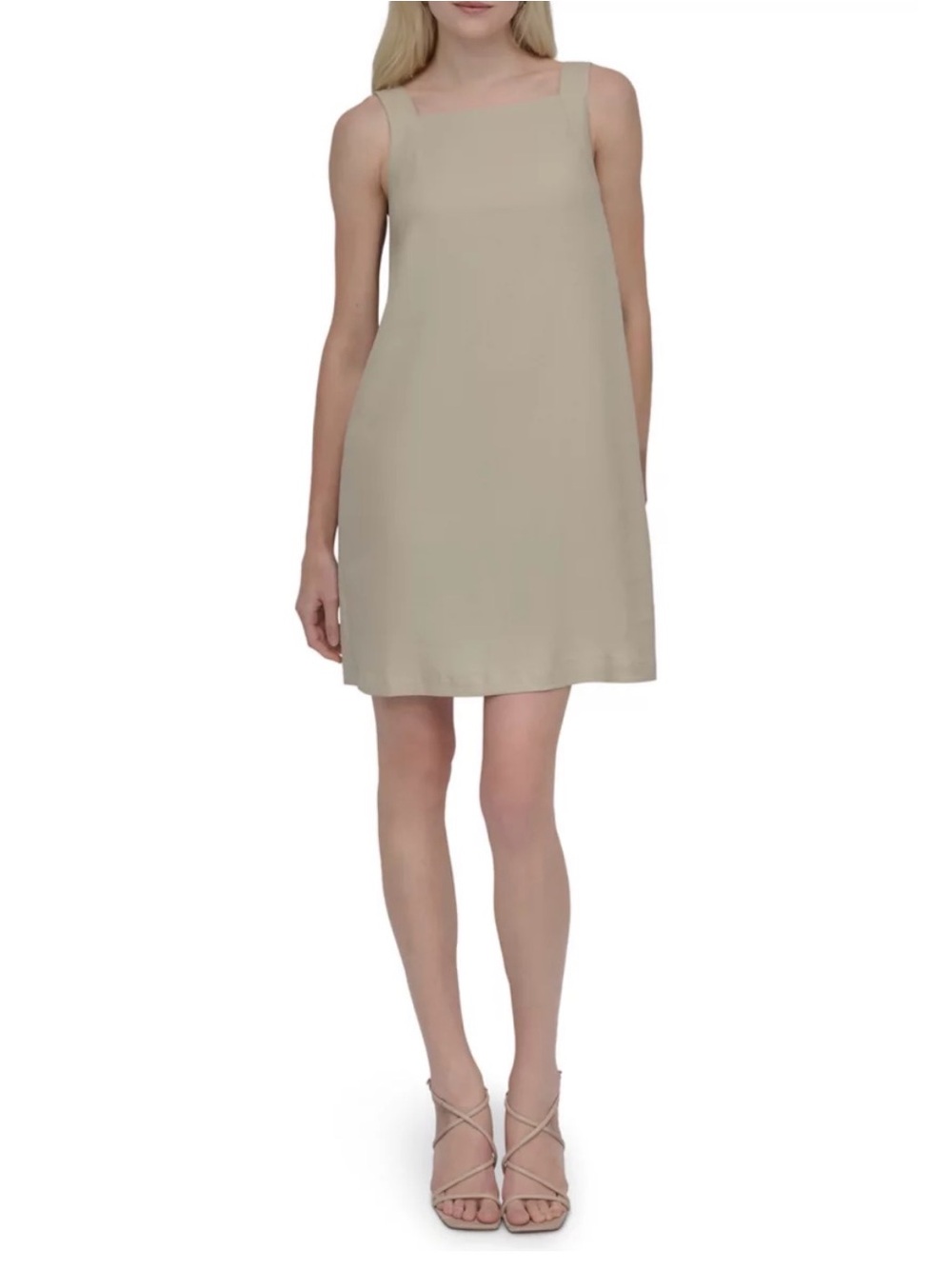 DKNY Beige Square-Neck Sleeveless Shift Linen Dress